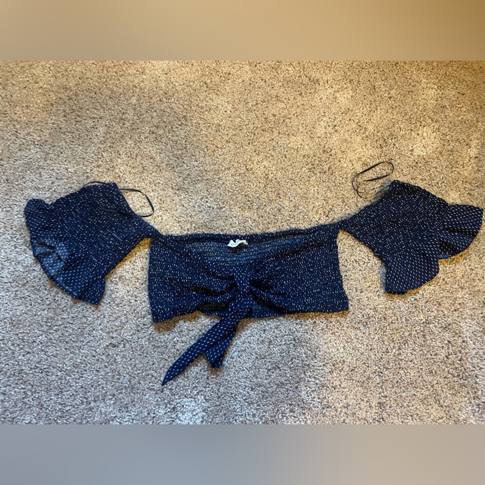 Navy Polka Dot Front Tie Off the Shoulder Cotton Candy La Crop Top Size Small